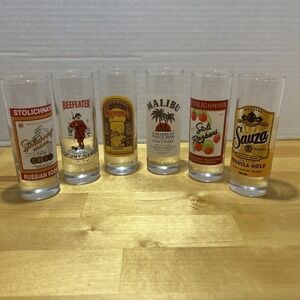 Lot Of 6 Liquor Brands Double Shot Glasses Shooters 4" Pyroglaze ECU In Original